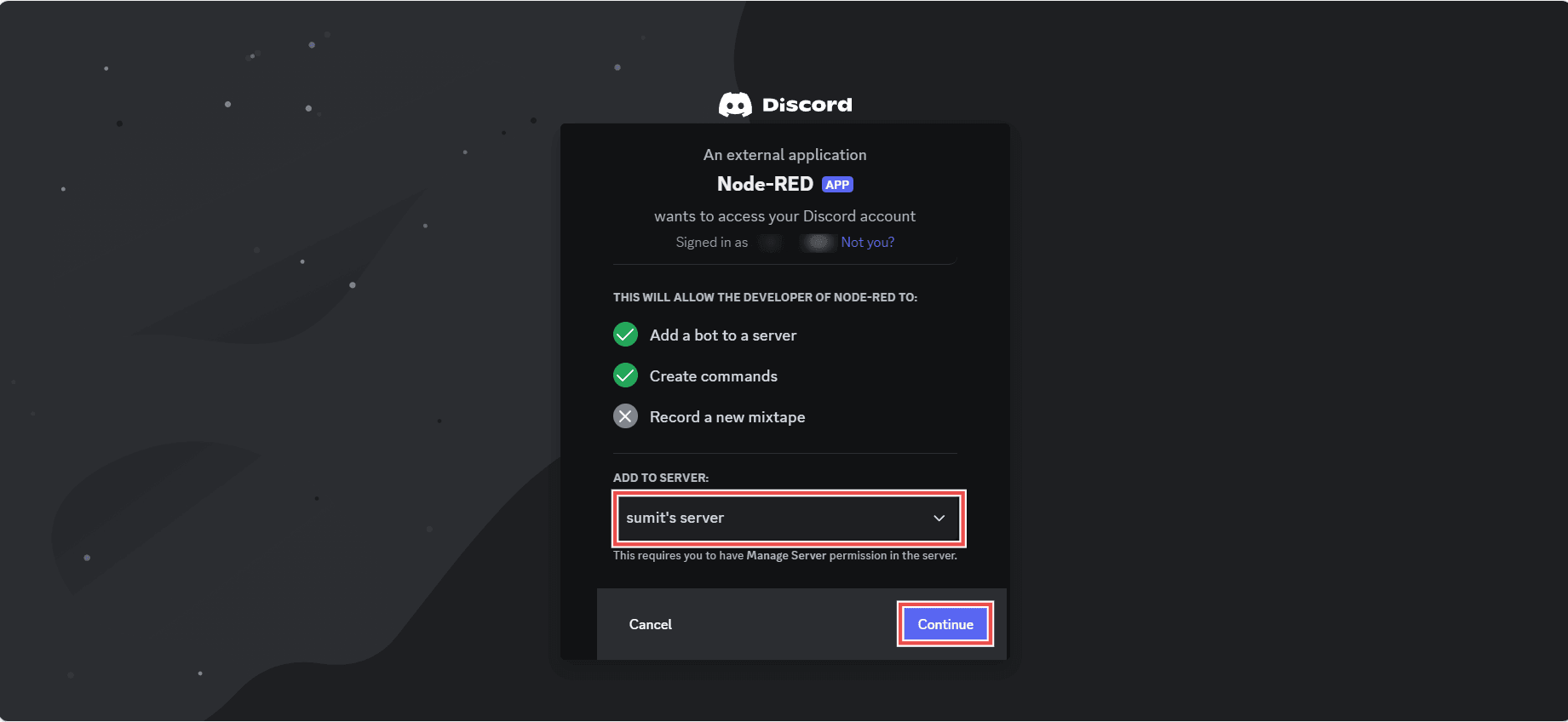 Screenshot showing discord popup to add bot into the server "Screenshot showing discord popup to add bot into the server"