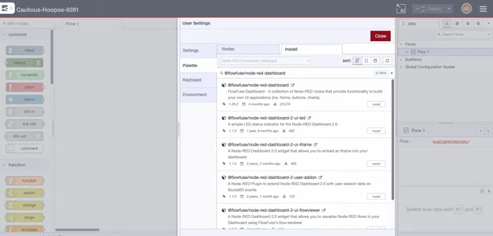 Node-RED Palette Manager dialog with the node selected and the Install button visible.